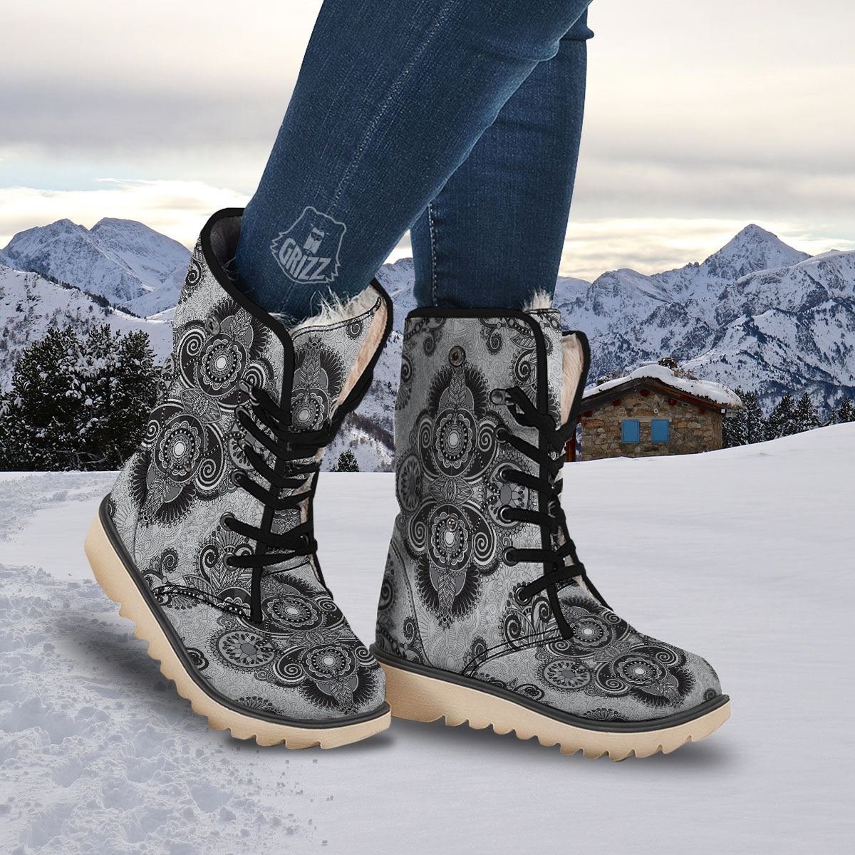 Western Floral Grey And Black Print Snow Boots-grizzshop
