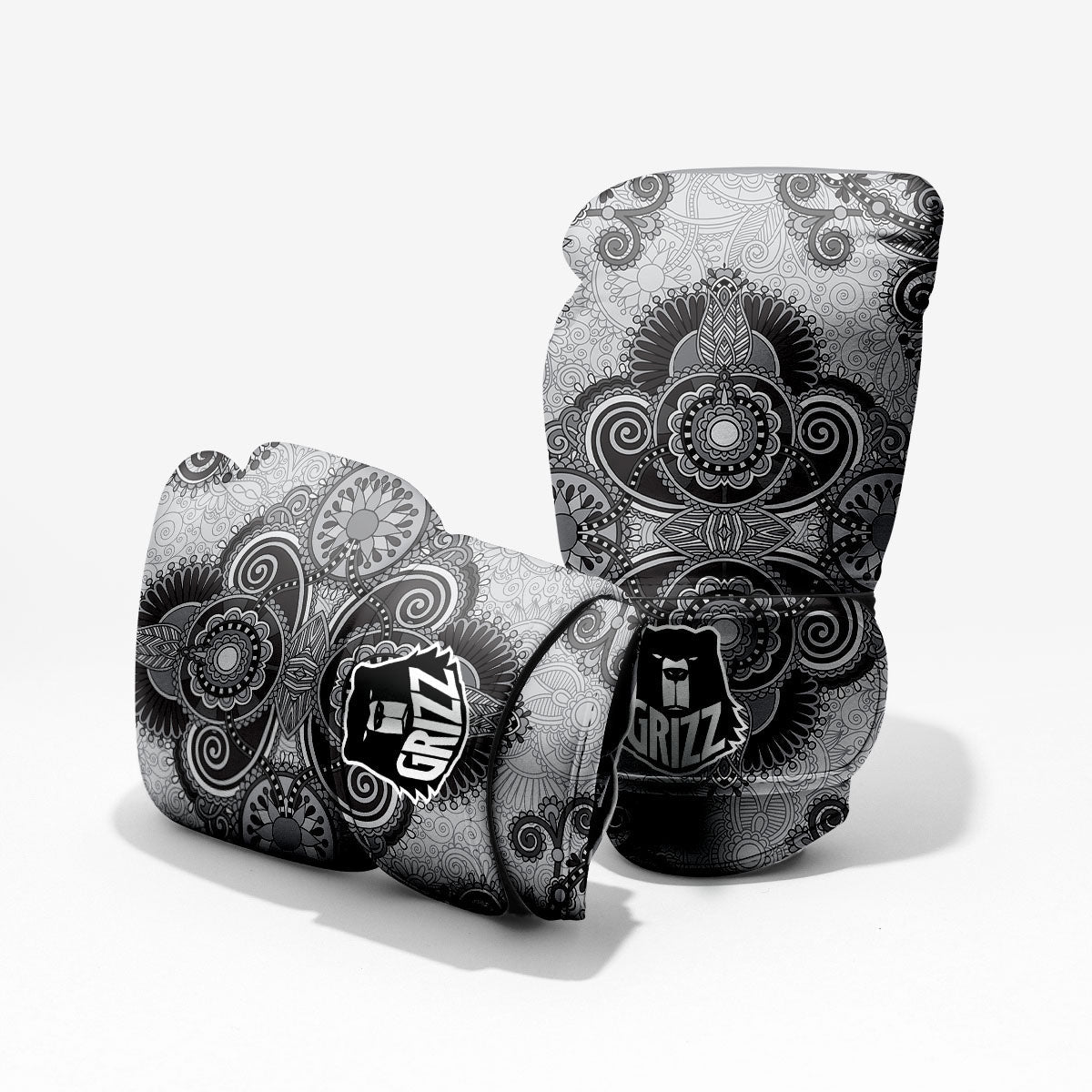 Western Floral Grey And Black Print Pro Boxing Glove