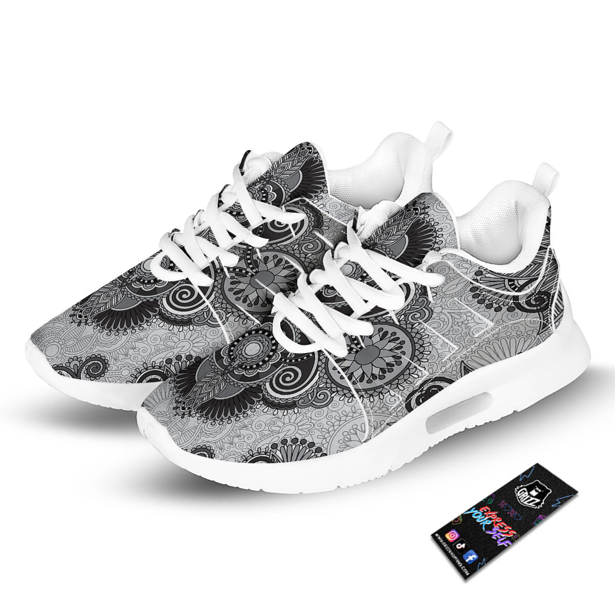 Western Floral Grey And Black Print Tennis Shoes-grizzshop