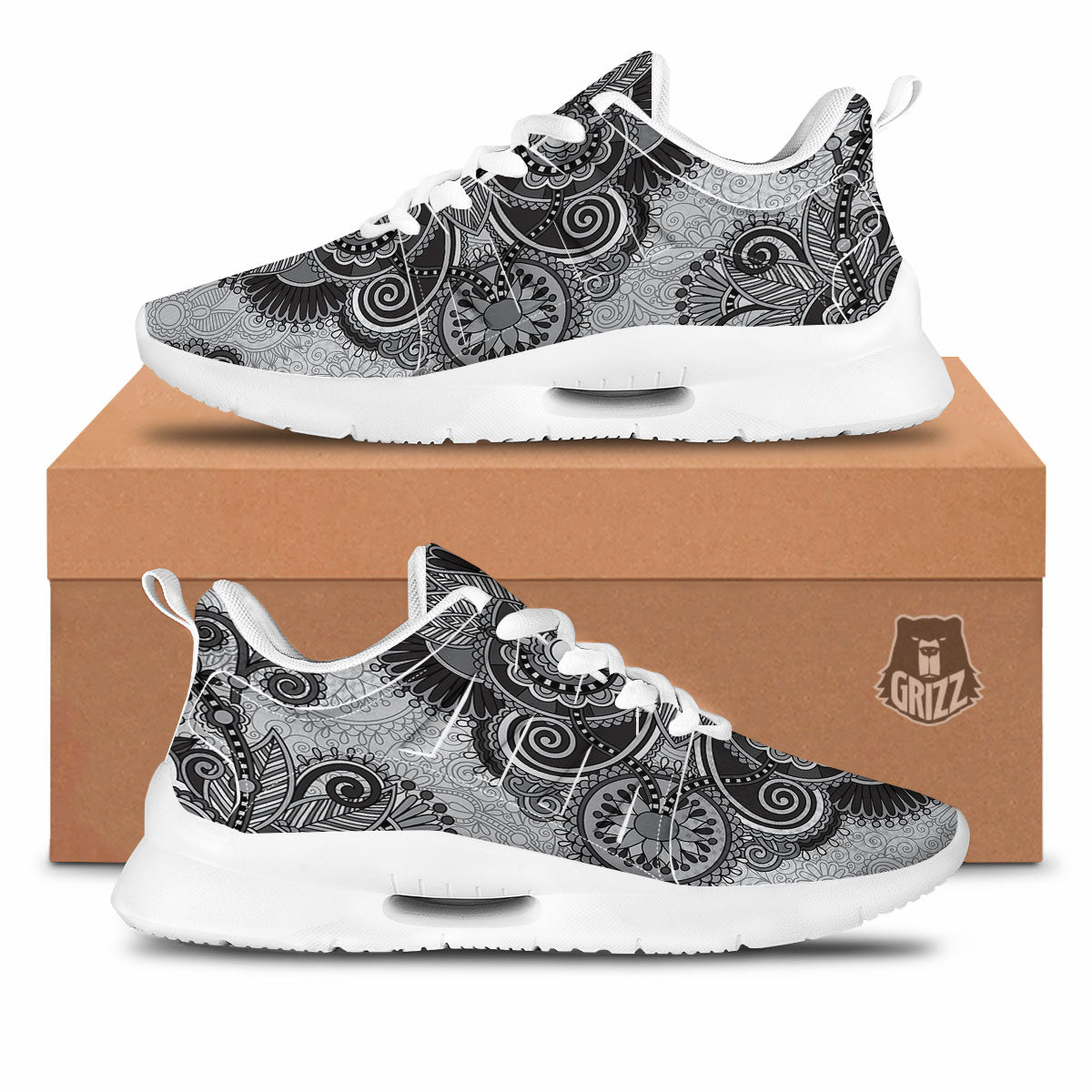 Western Floral Grey And Black Print Tennis Shoes-grizzshop