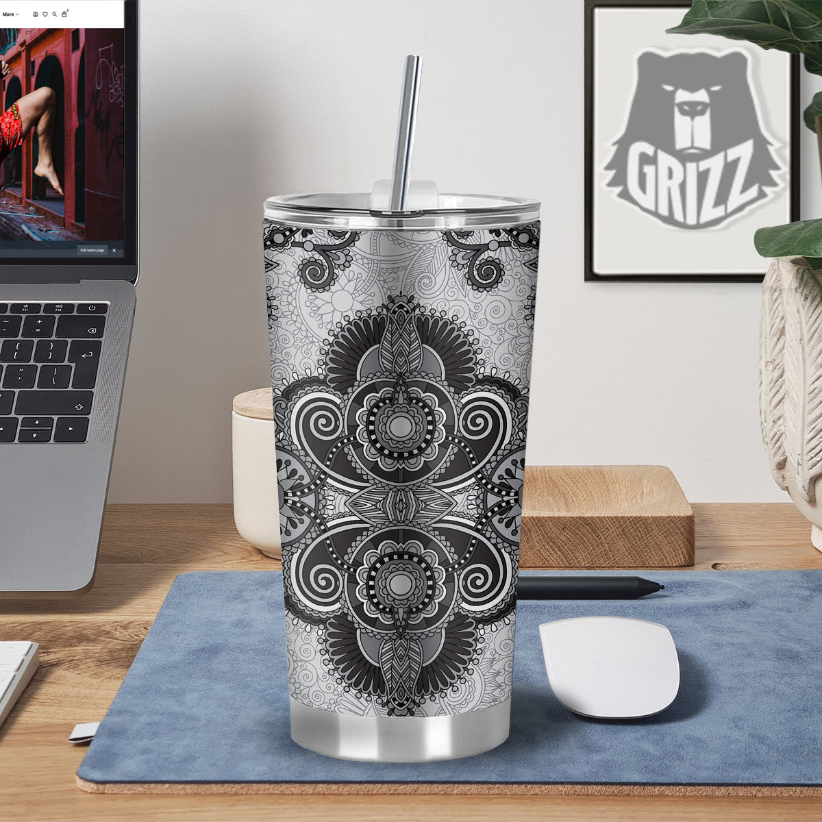 Western Floral Grey And Black Print Tumbler-grizzshop