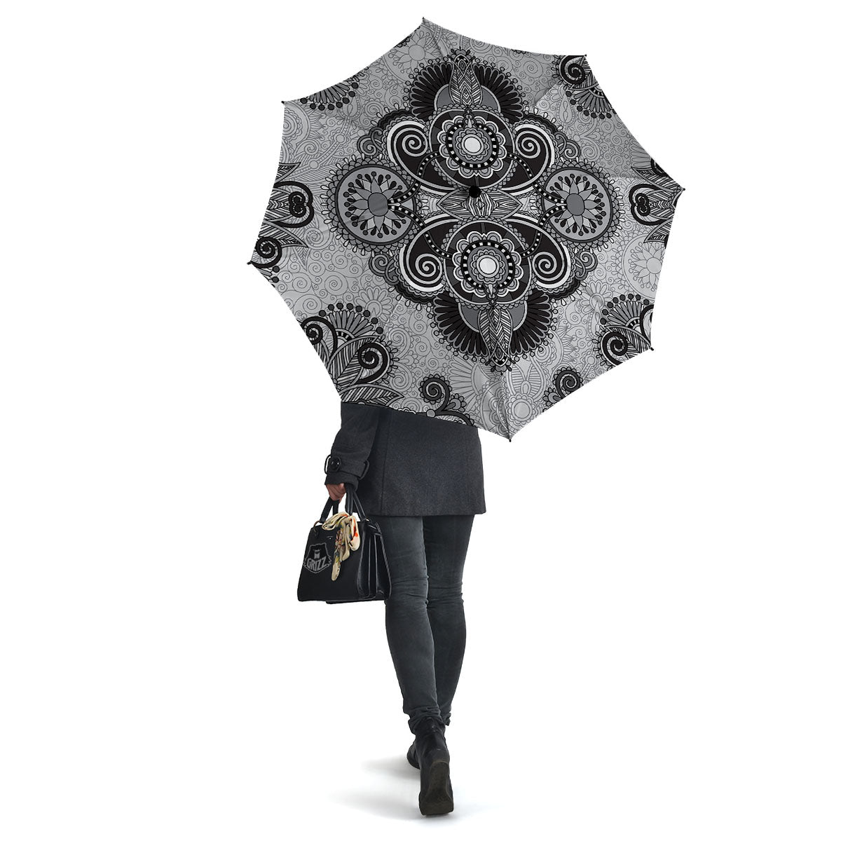 Western Floral Grey And Black Print Umbrella-grizzshop