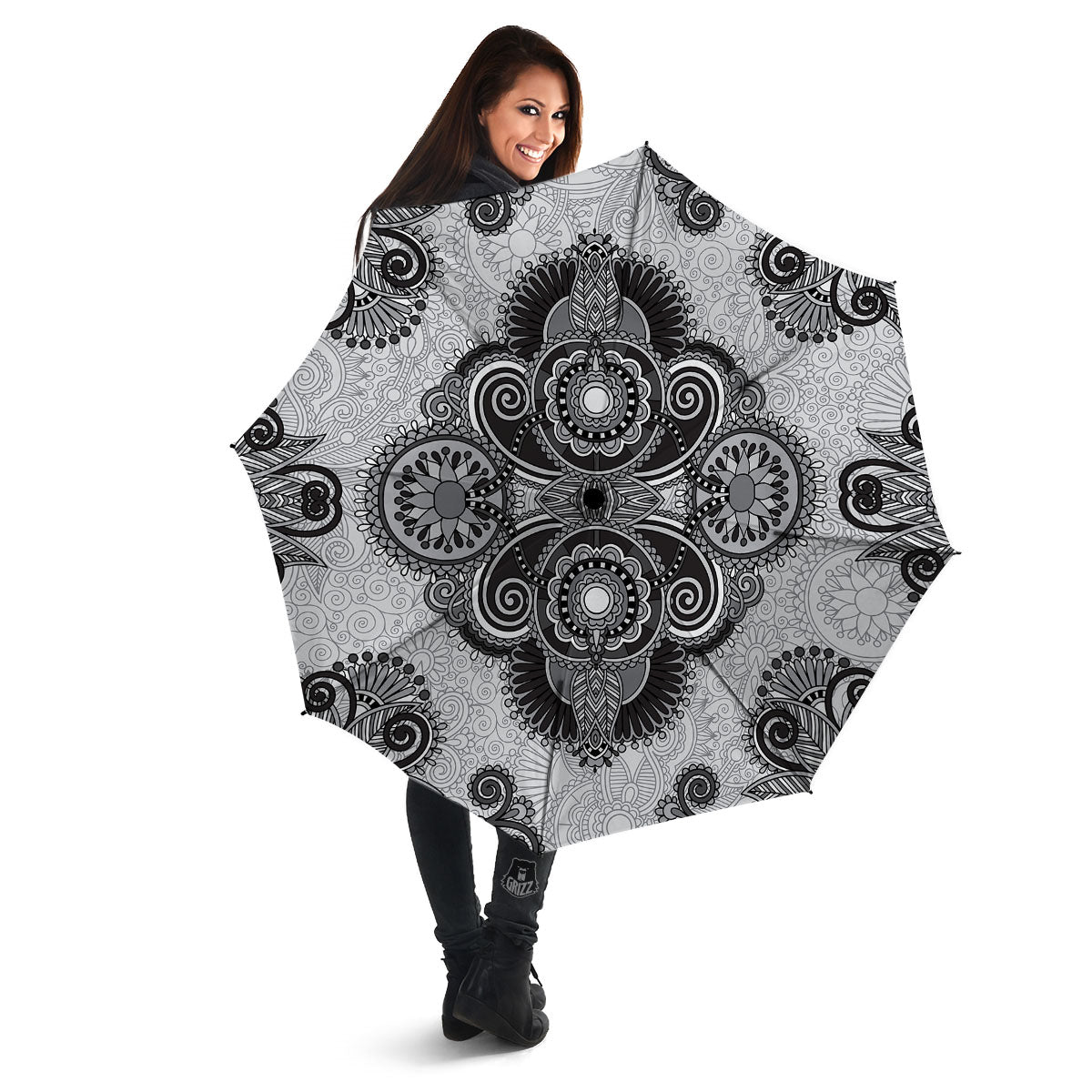 Western Floral Grey And Black Print Umbrella-grizzshop