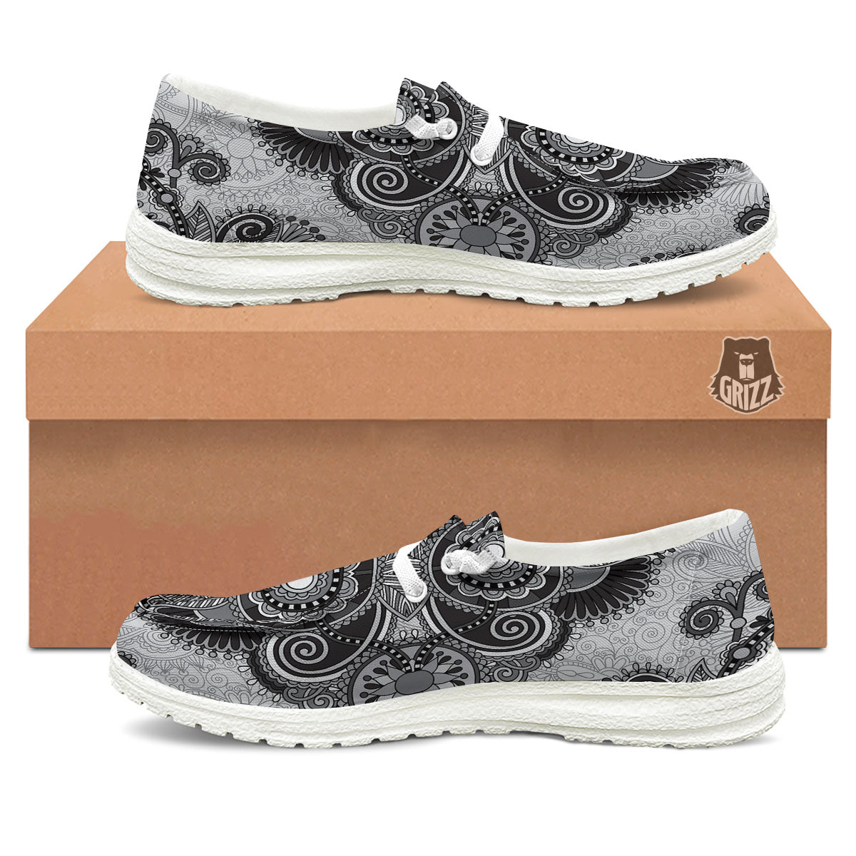 Western Floral Grey And Black Print White Loafers-grizzshop