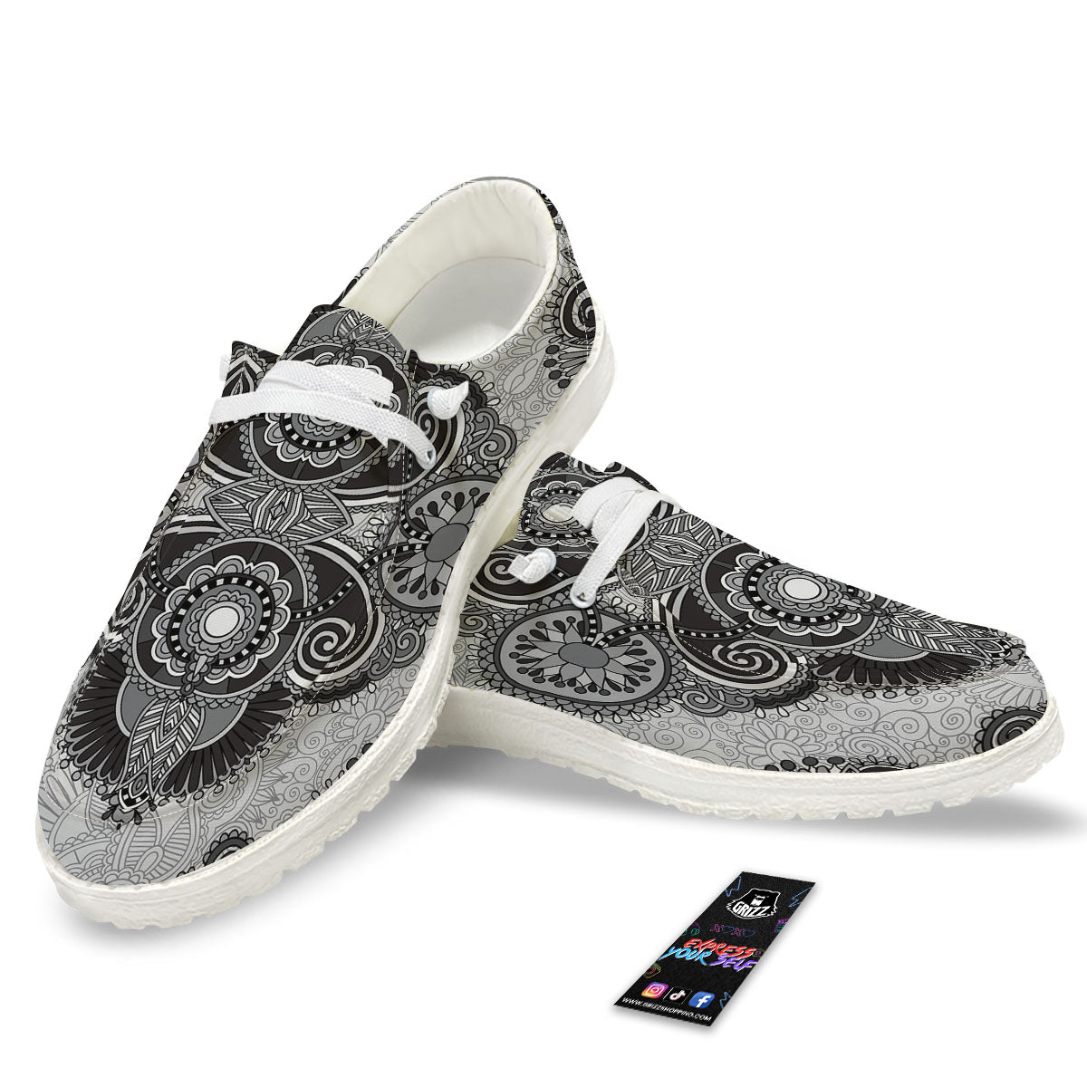 Western Floral Grey And Black Print White Loafers-grizzshop