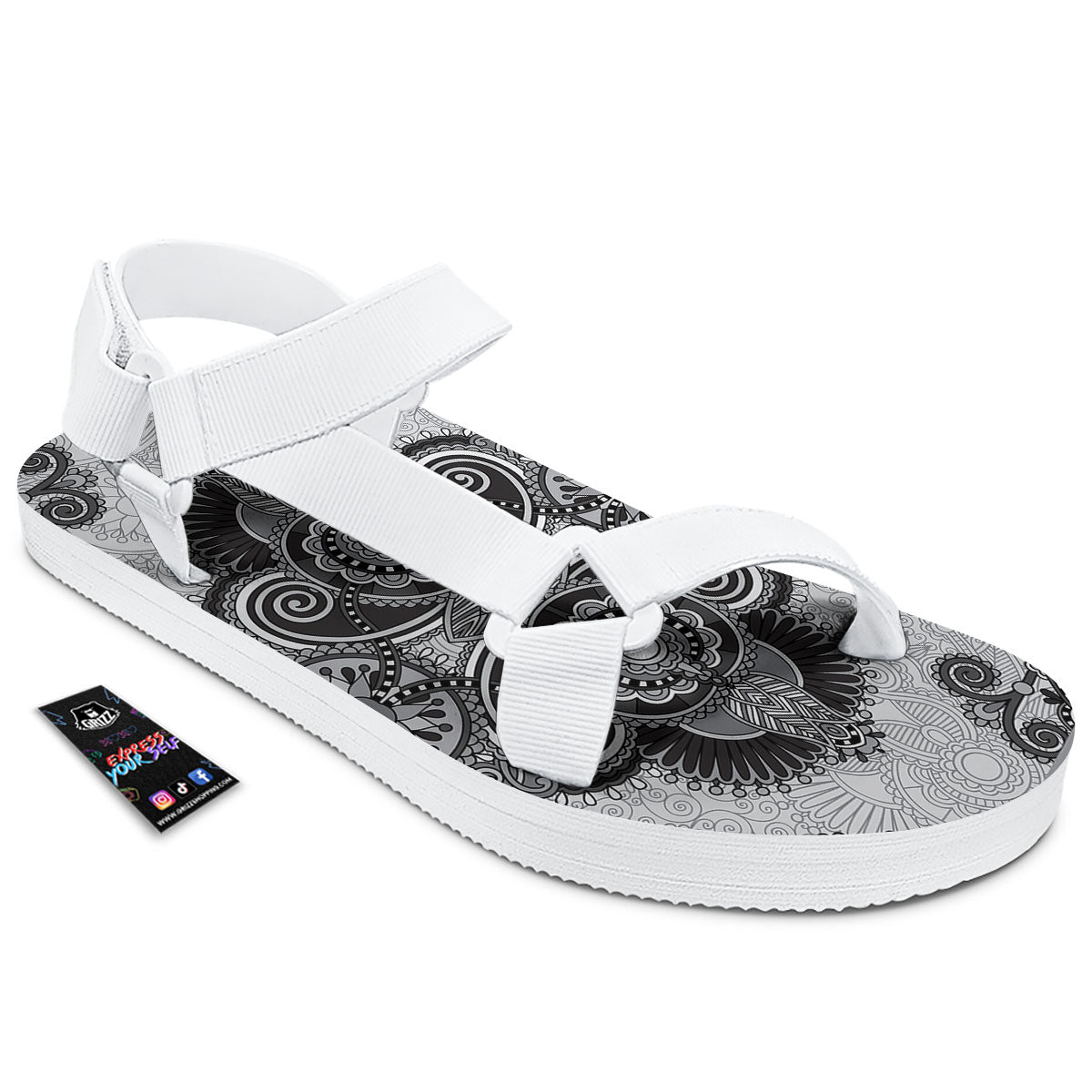 Western Floral Grey And Black Print White Open Toe Sandals-grizzshop