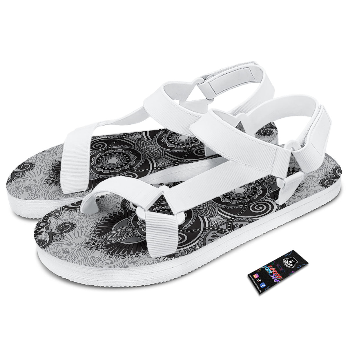 Western Floral Grey And Black Print White Open Toe Sandals-grizzshop