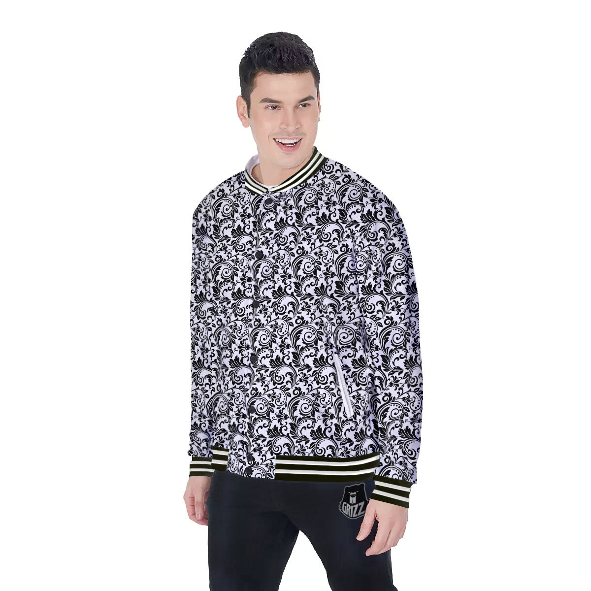 Western Flower White And Black Print Baseball Jacket-grizzshop