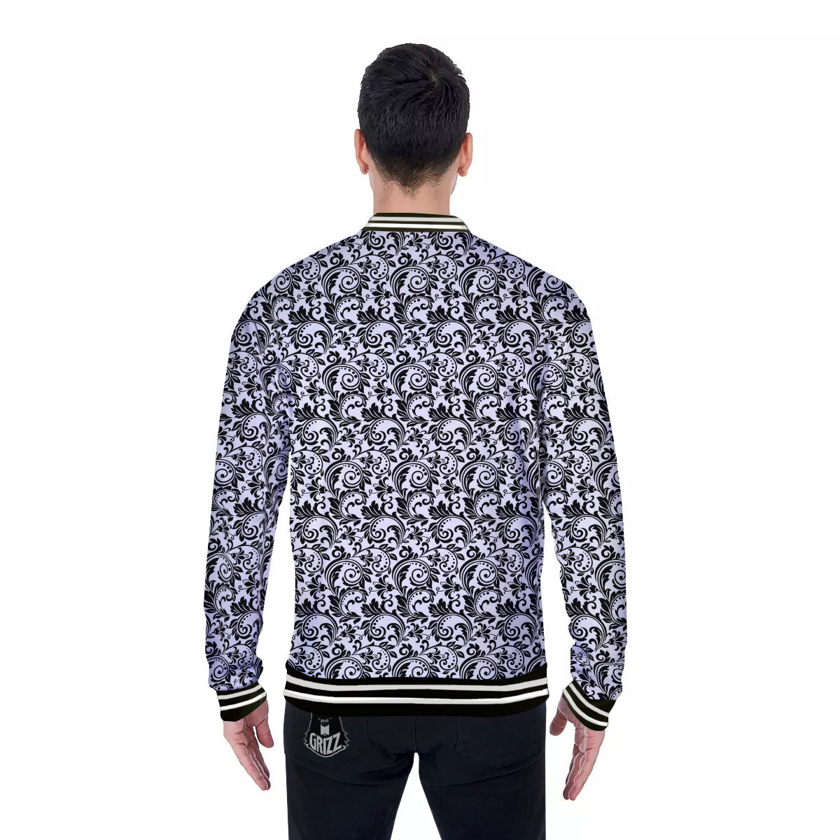 Western Flower White And Black Print Baseball Jacket-grizzshop