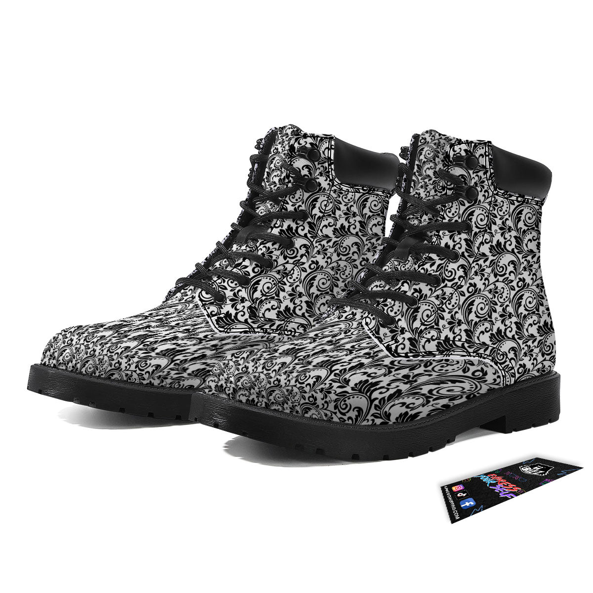 Western Flower White And Black Print Boots-grizzshop
