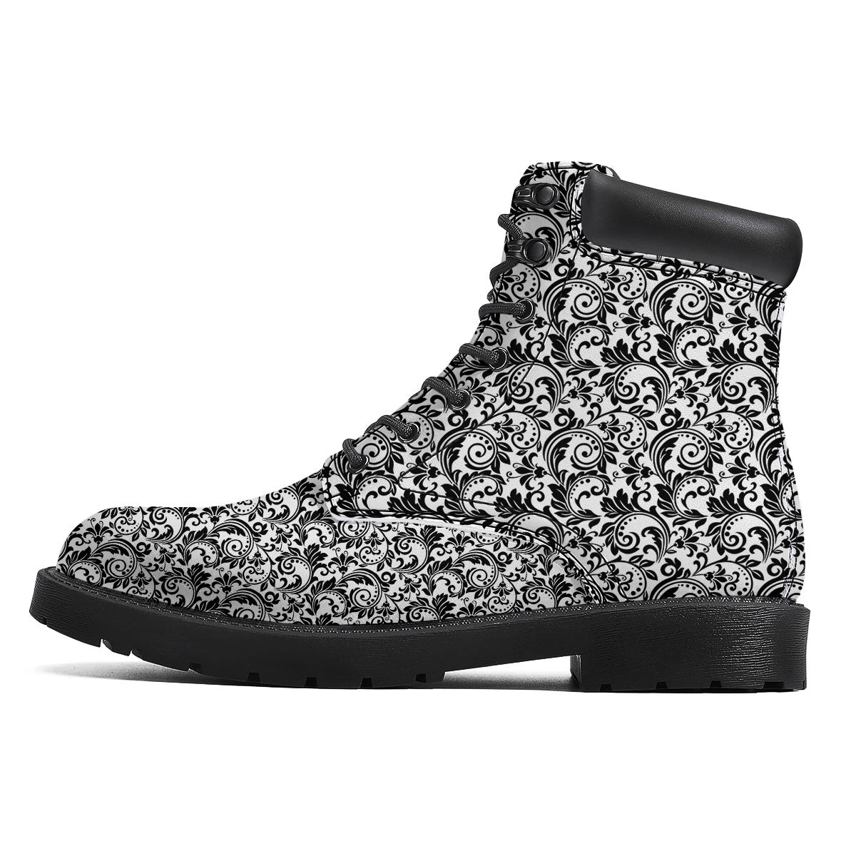 Western Flower White And Black Print Boots-grizzshop