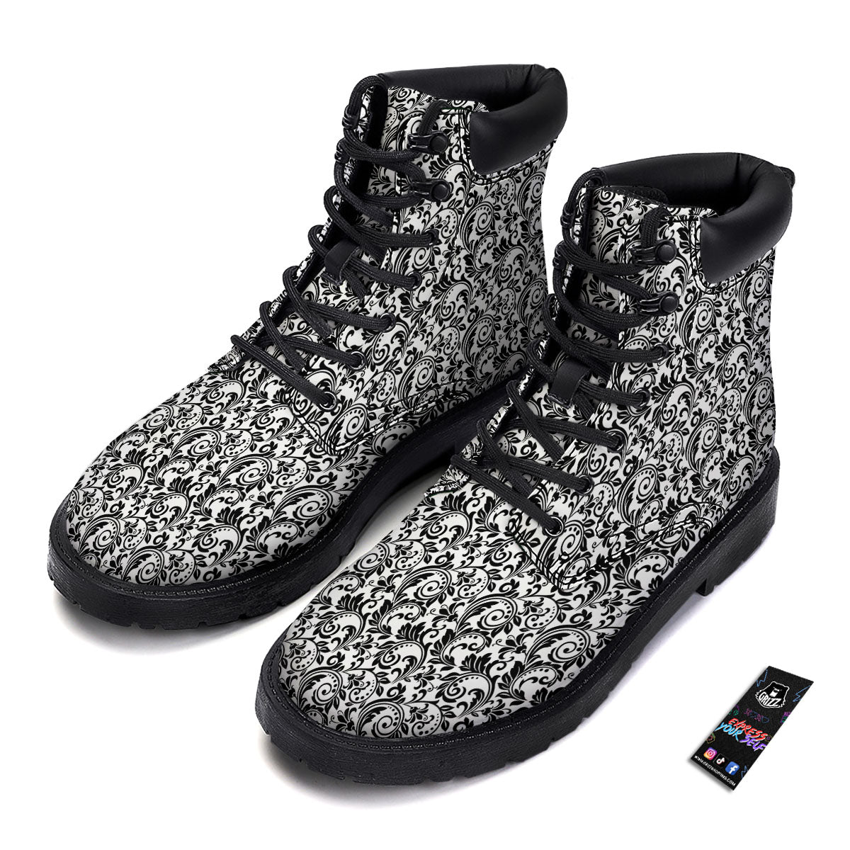 Western Flower White And Black Print Boots-grizzshop