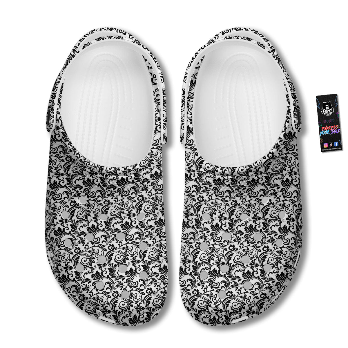 Western Flower White And Black Print Clog-grizzshop