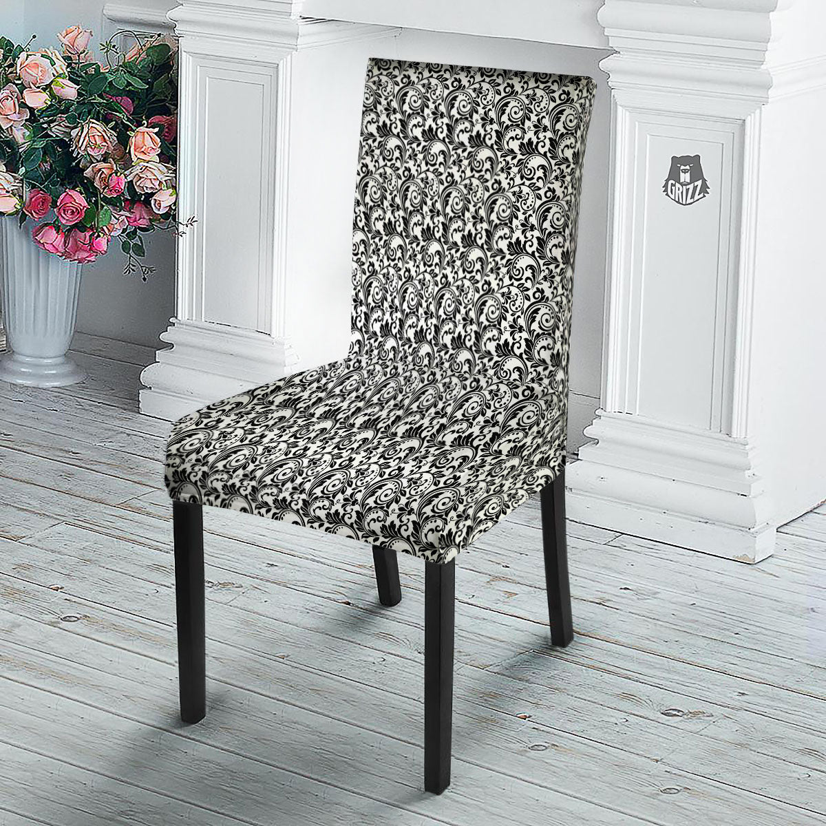 Western Flower White And Black Print Dining Chair Slipcover-grizzshop