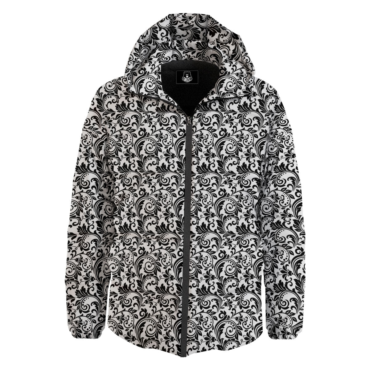 Western Flower White And Black Print Down Jacket-grizzshop