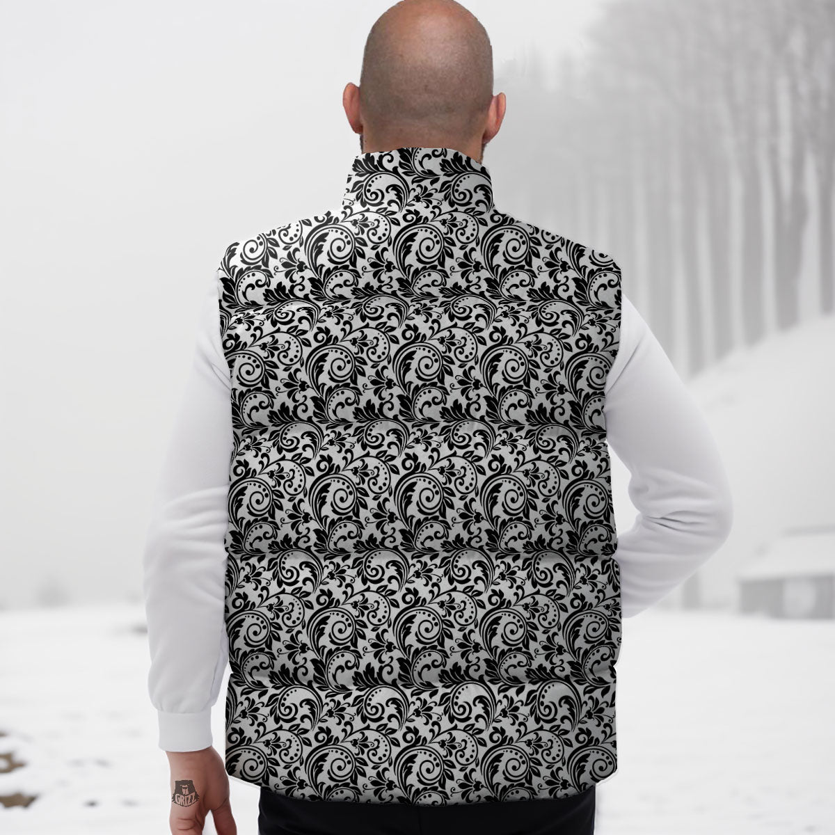 Western Flower White And Black Print Down Vest-grizzshop