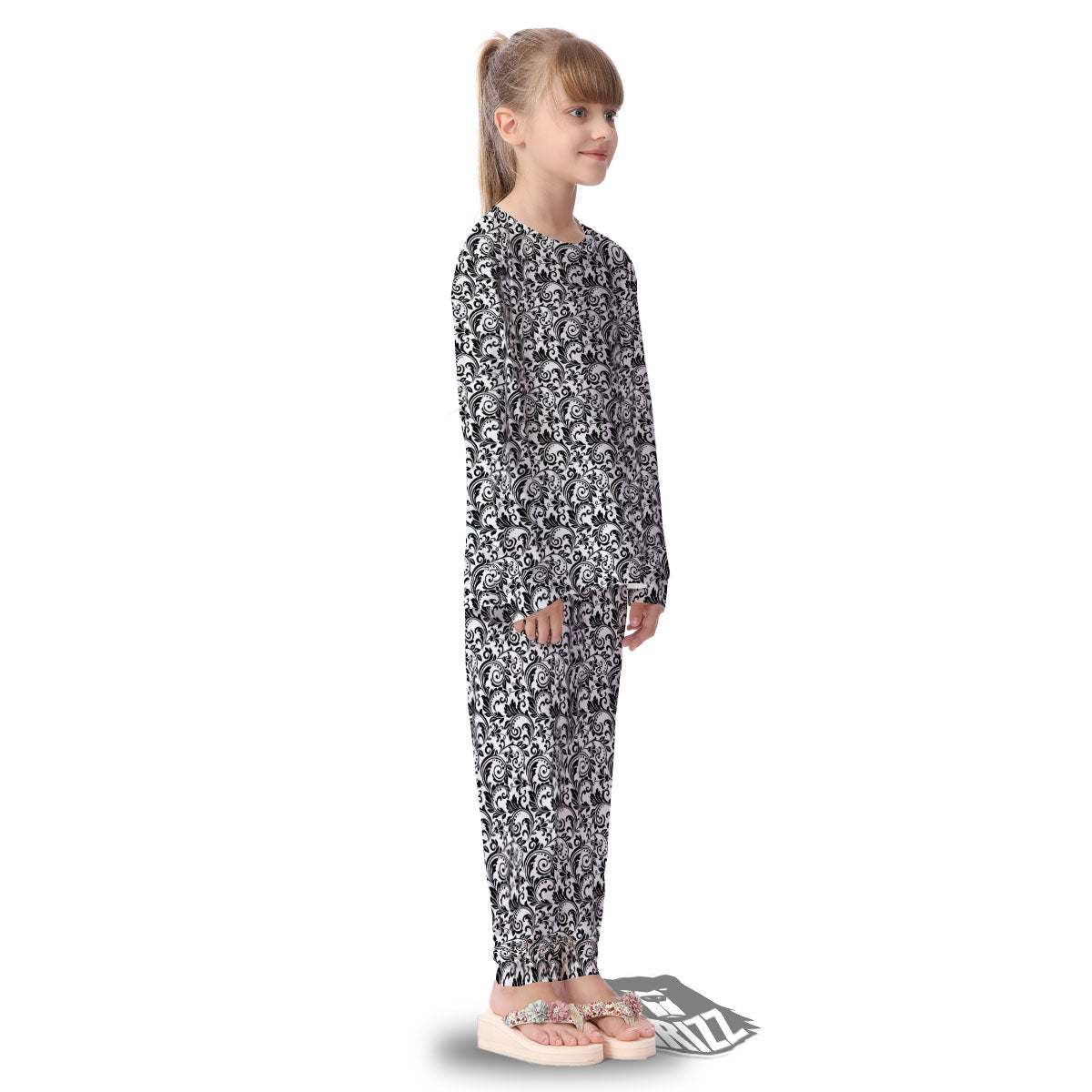 Western Flower White And Black Print Kid's Pajamas-grizzshop