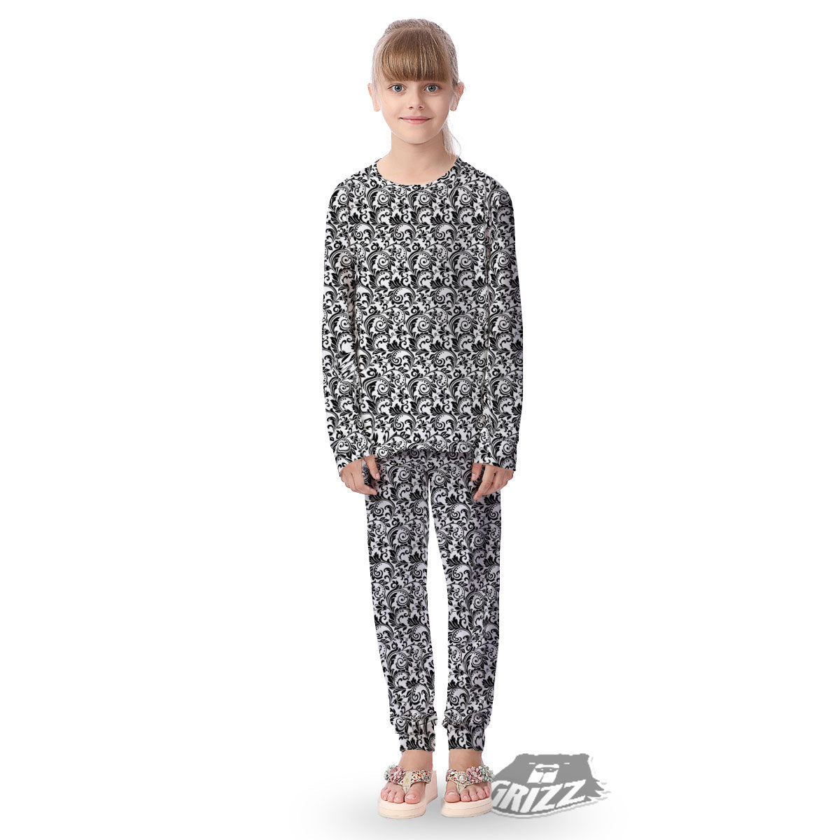 Western Flower White And Black Print Kid's Pajamas-grizzshop