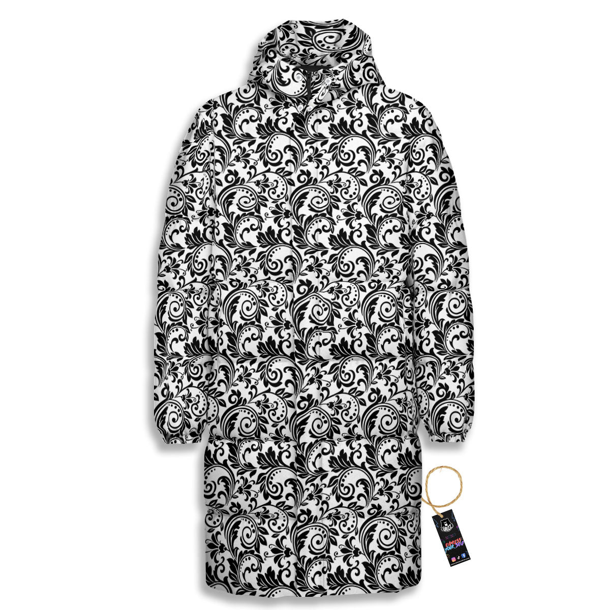 Western Flower White And Black Print Long Down Jacket-grizzshop
