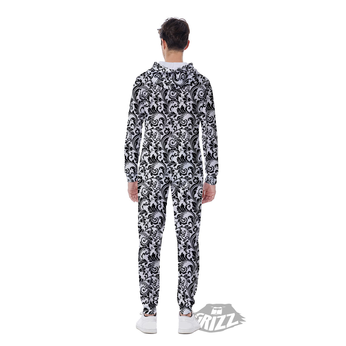 Western Flower White And Black Print Men's Jumpsuit-grizzshop