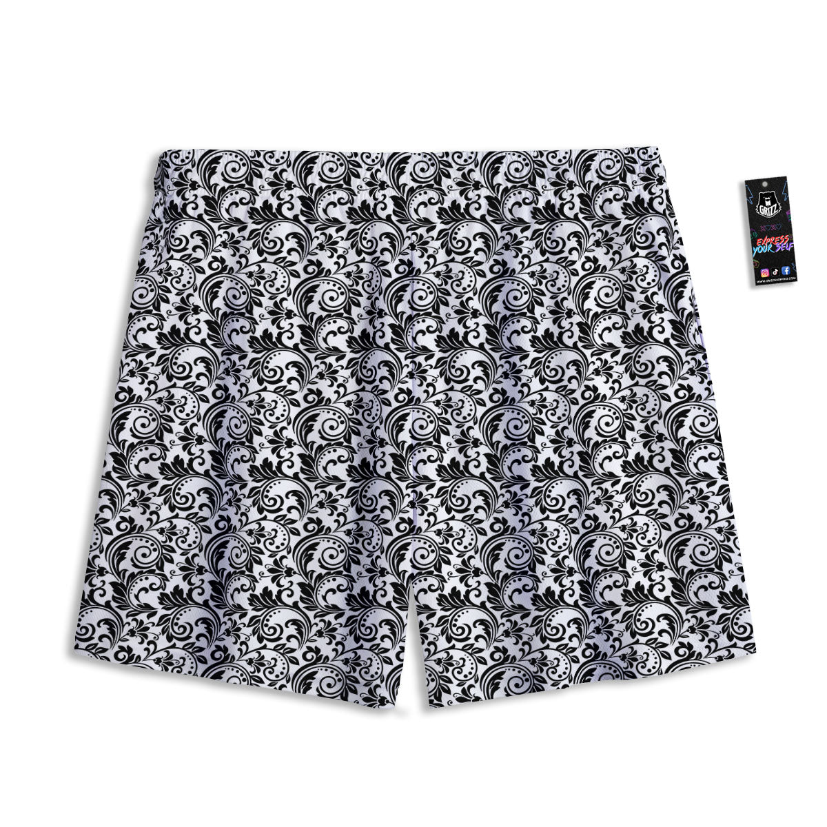 Western Flower White And Black Print Mesh Shorts-grizzshop