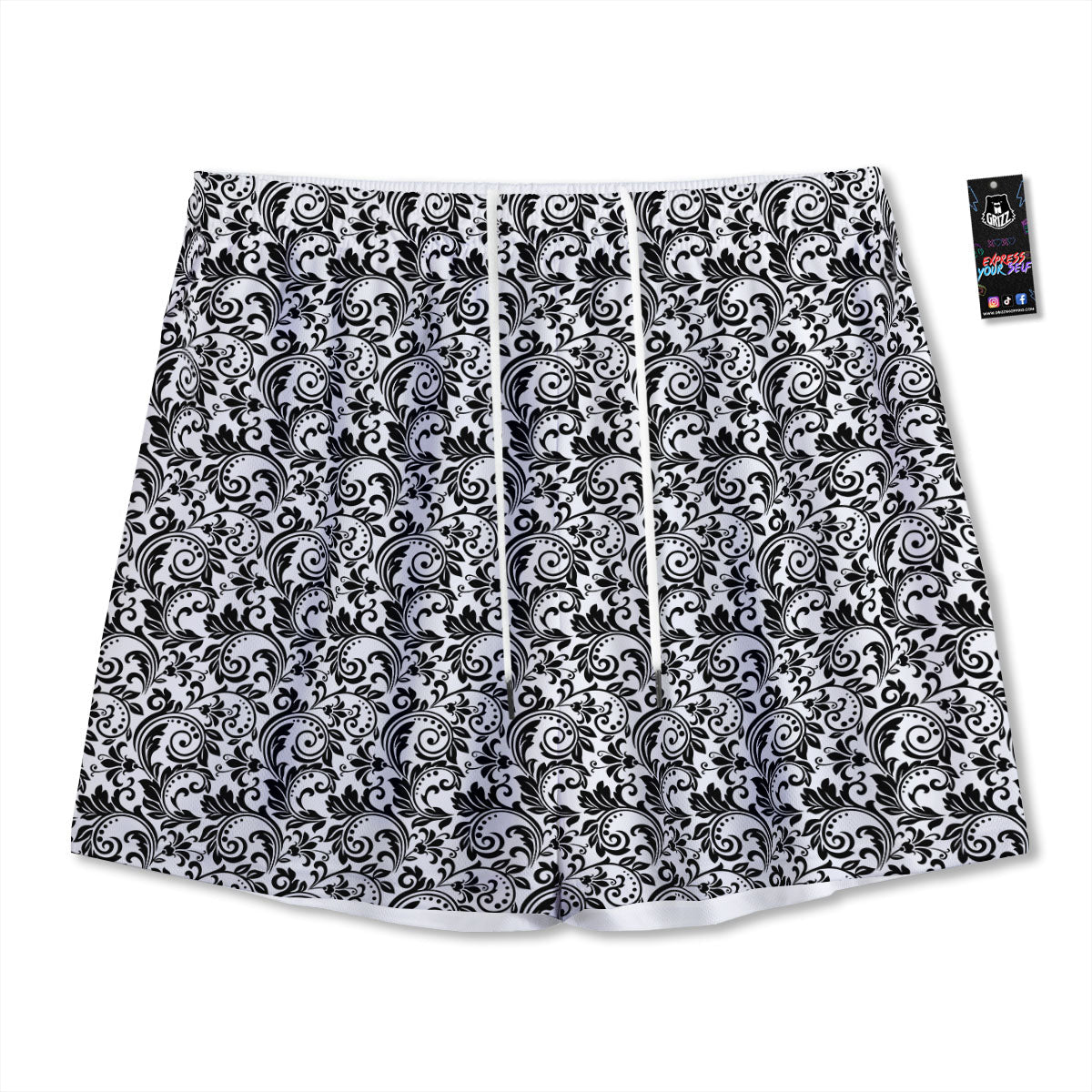 Western Flower White And Black Print Mesh Shorts-grizzshop