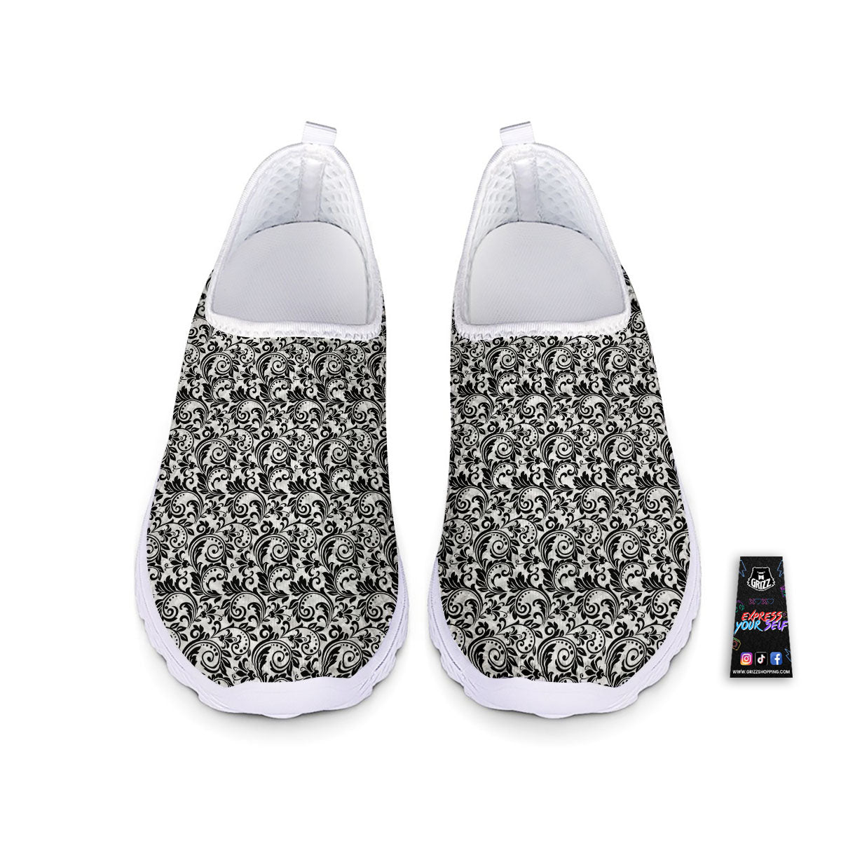 Western Flower White And Black Print Nurse Shoes-grizzshop