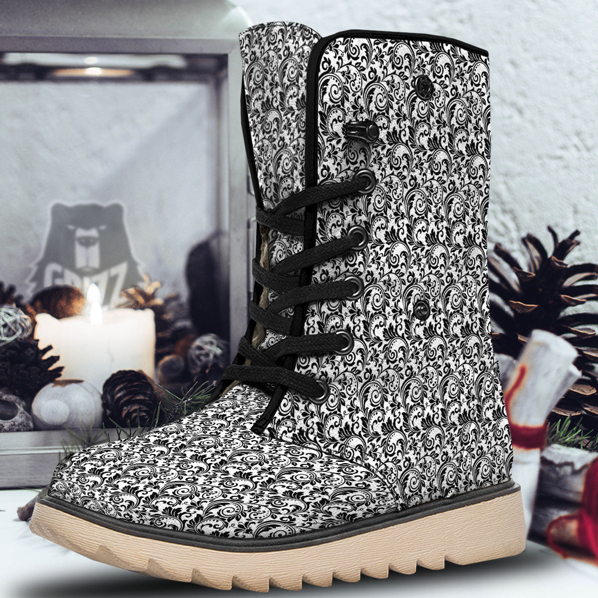 Western Flower White And Black Print Snow Boots-grizzshop