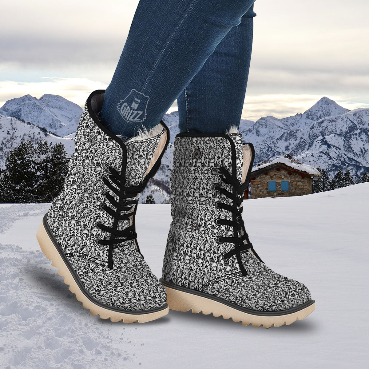 Western Flower White And Black Print Snow Boots-grizzshop