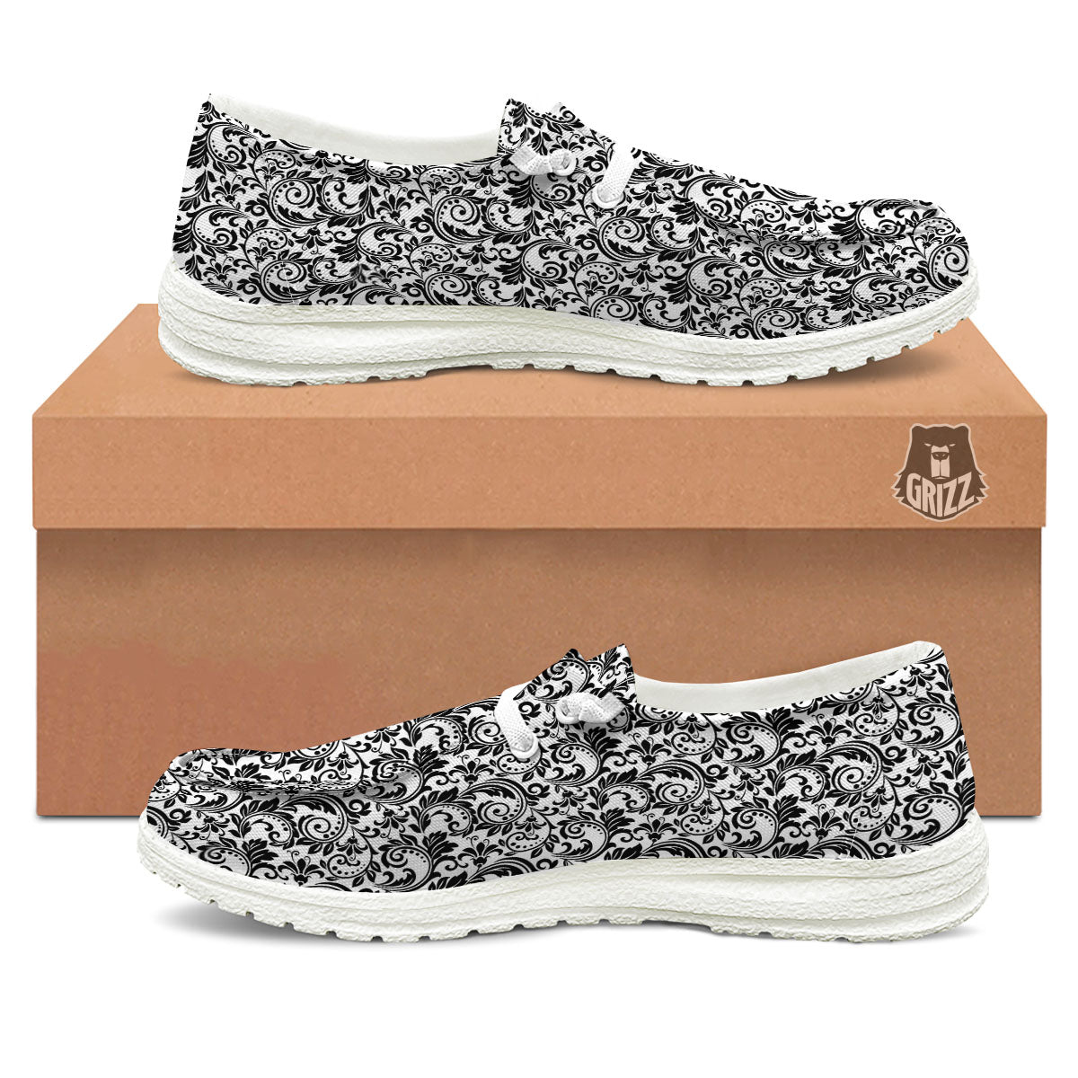Western Flower White And Black Print White Loafers-grizzshop