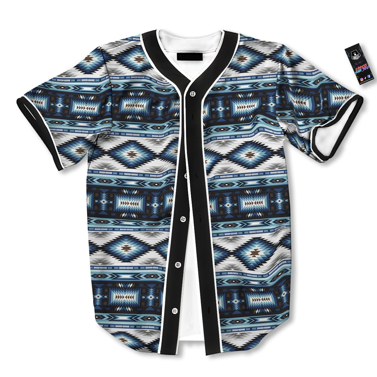 Western Navajo Blue Native Print Baseball Jersey-grizzshop