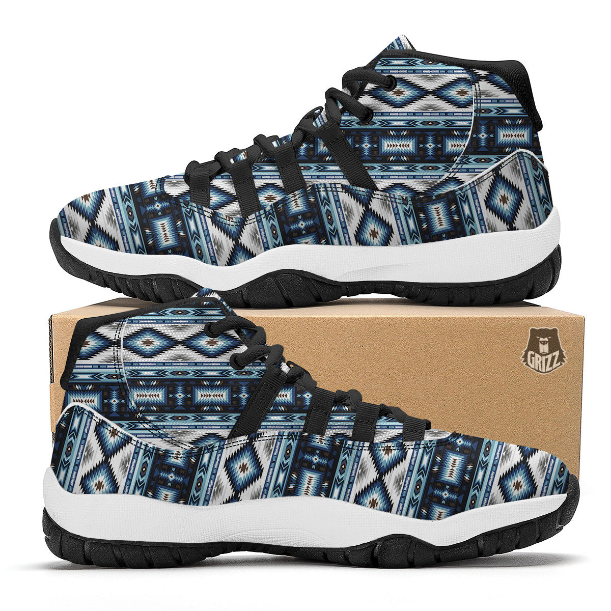 Western Navajo Blue Native Print Black Bball Shoes-grizzshop
