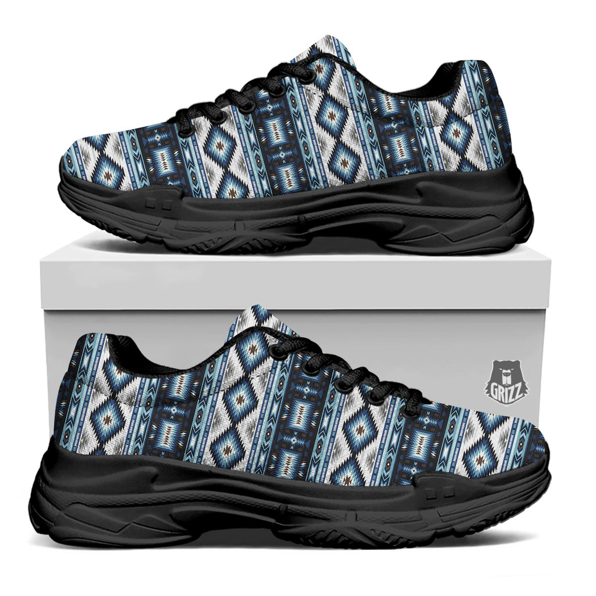 Western Navajo Blue Native Print Black Chunky Shoes-grizzshop