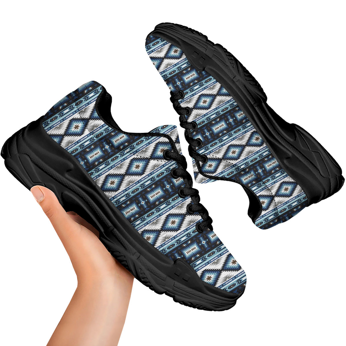Western Navajo Blue Native Print Black Chunky Shoes-grizzshop