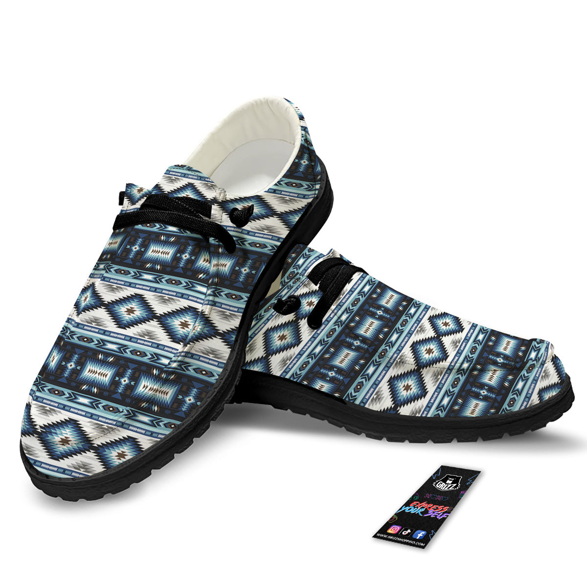 Western Navajo Blue Native Print Black Loafers-grizzshop