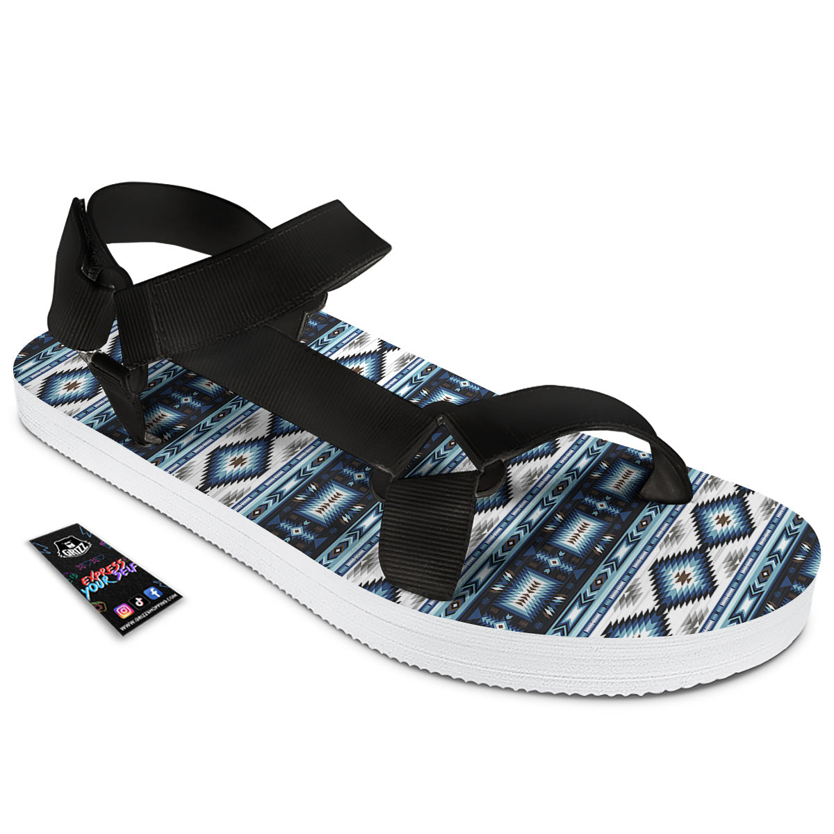 Western Navajo Blue Native Print Black Open Toe Sandals-grizzshop