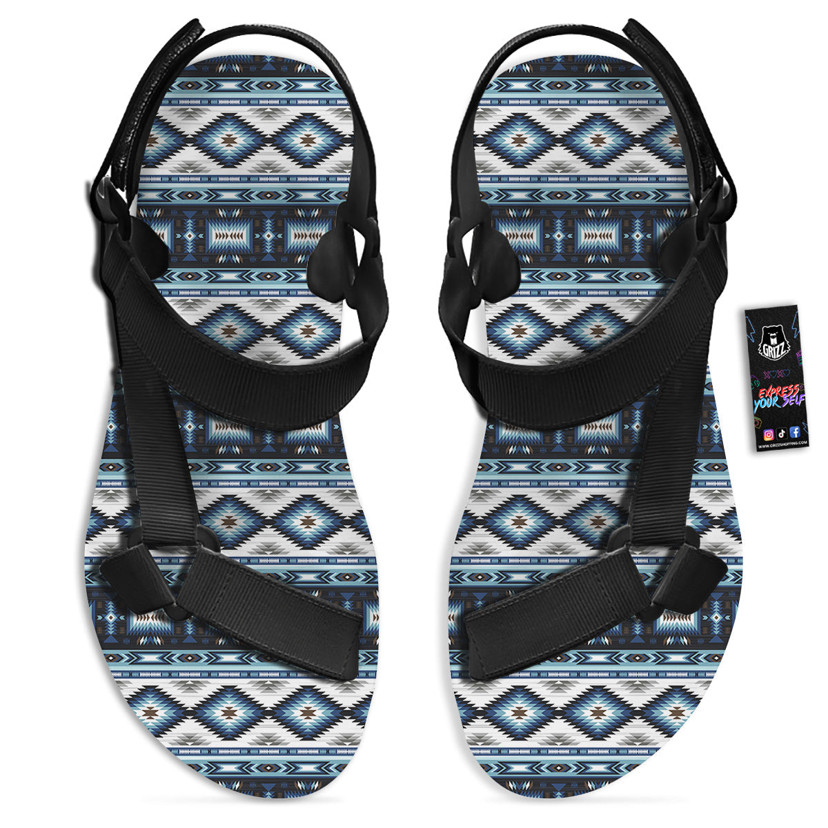 Western Navajo Blue Native Print Black Open Toe Sandals-grizzshop