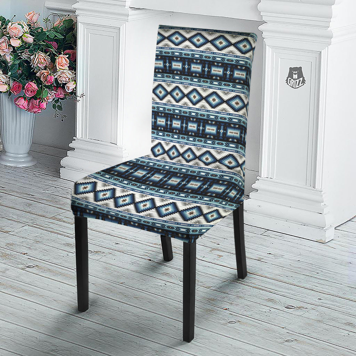 Western Navajo Blue Native Print Dining Chair Slipcover-grizzshop