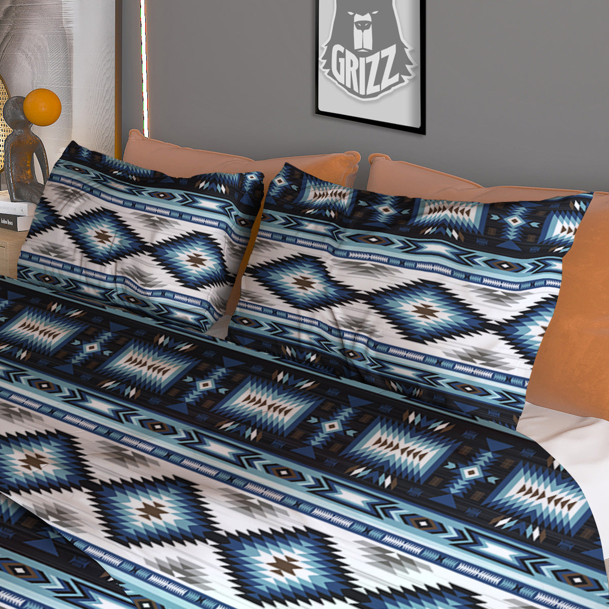Western Navajo Blue Native Print Duvet Cover Bedding Set