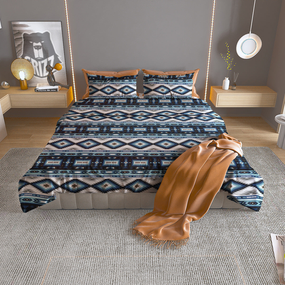 Western Navajo Blue Native Print Duvet Cover Bedding Set