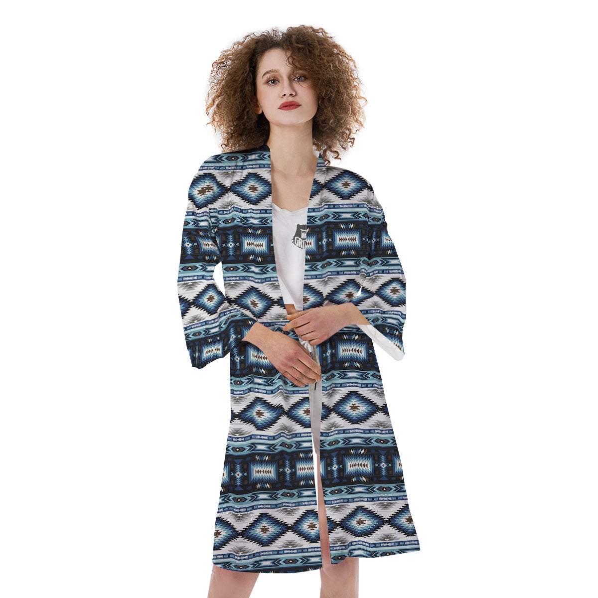 Western Navajo Blue Native Print Kimono-grizzshop