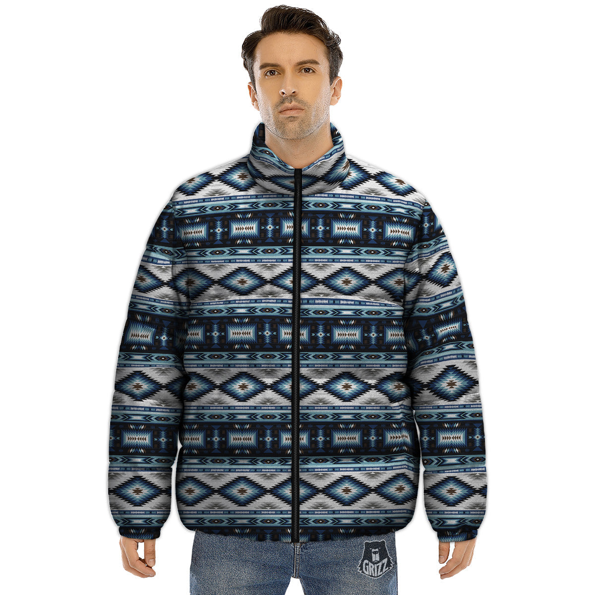 Western Navajo Blue Native Print Puffer Jacket-grizzshop