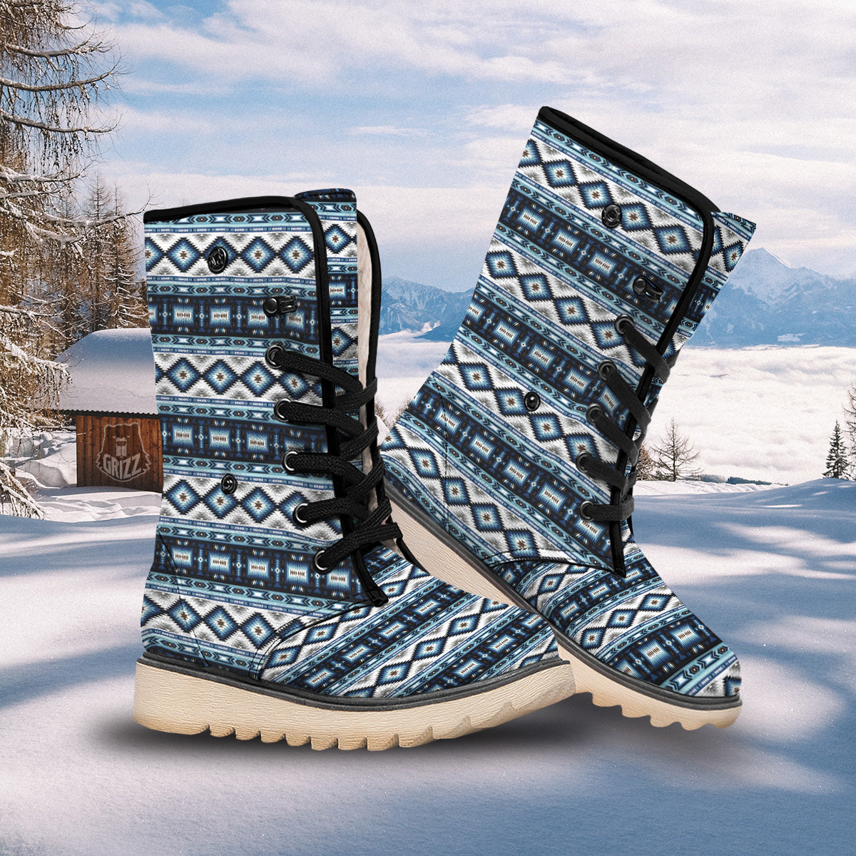 Western Navajo Blue Native Print Snow Boots-grizzshop