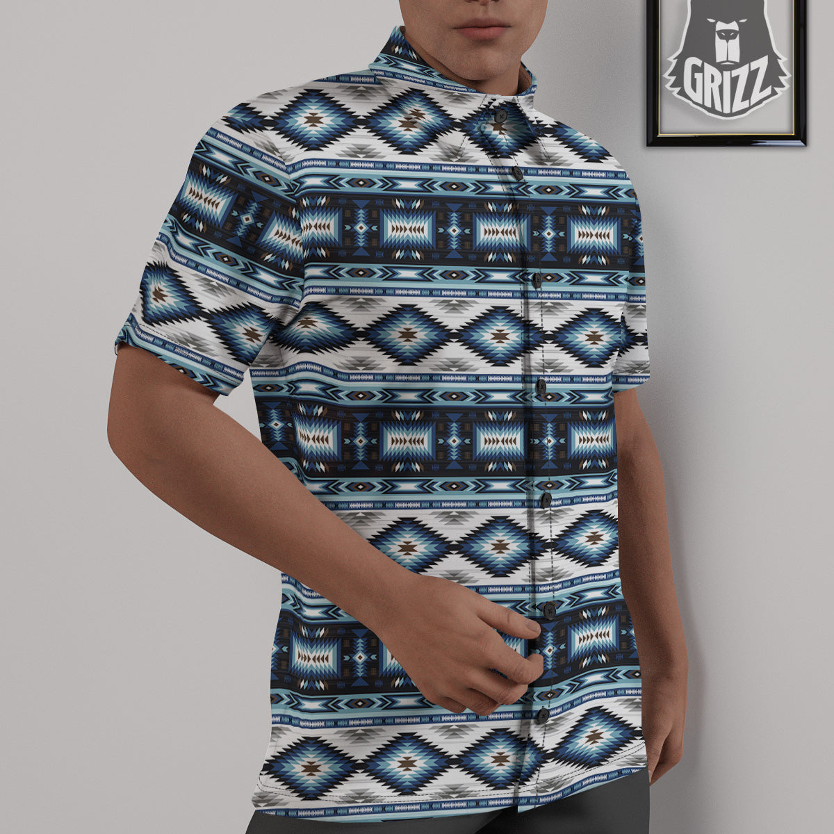 Western Navajo Blue Native Print Untucked Shirts-grizzshop