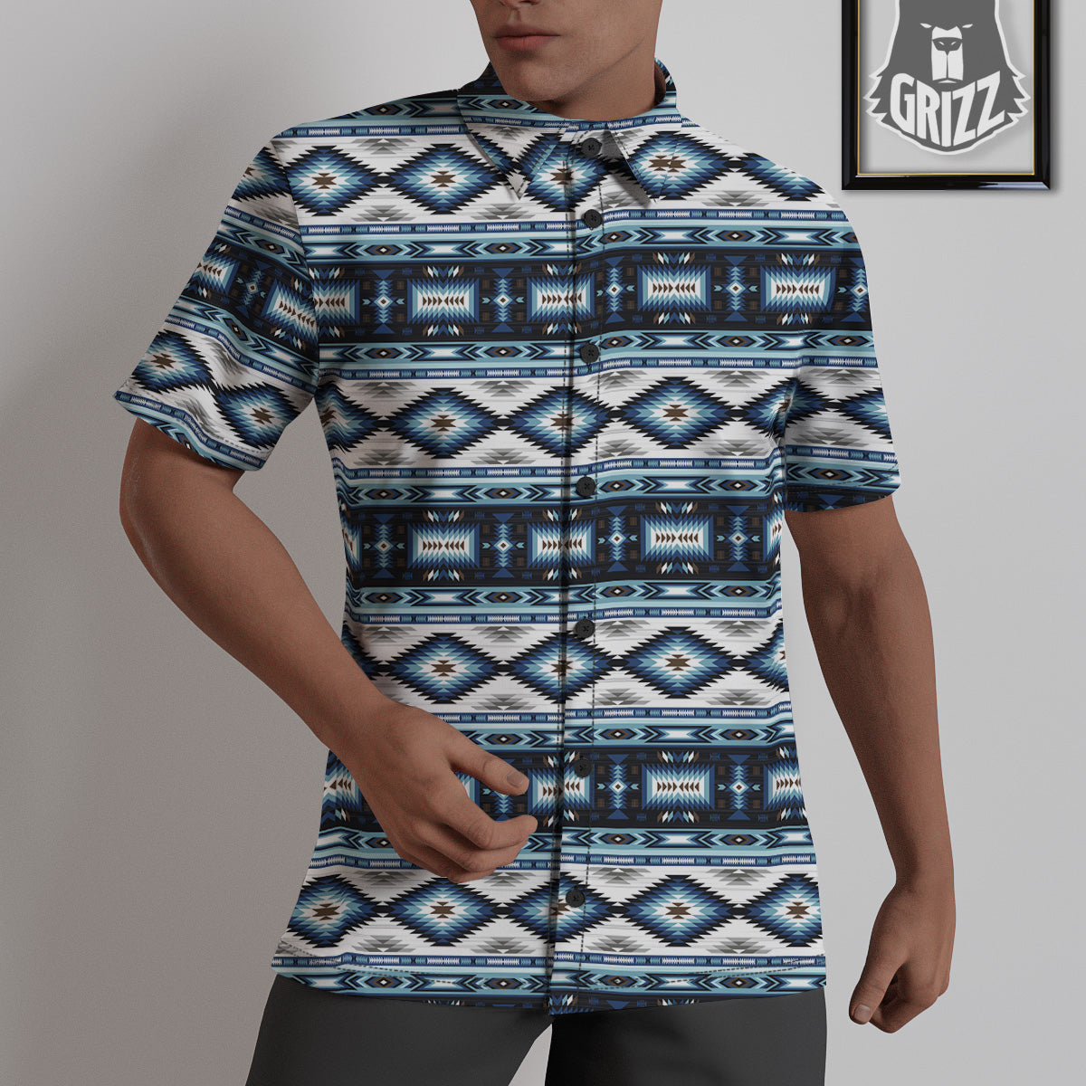 Western Navajo Blue Native Print Untucked Shirts-grizzshop