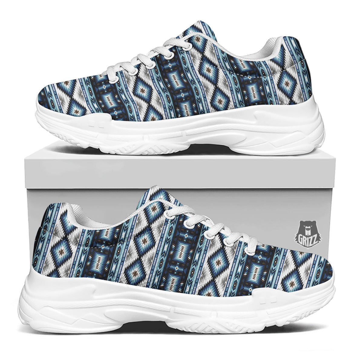 Western Navajo Blue Native Print White Chunky Shoes-grizzshop