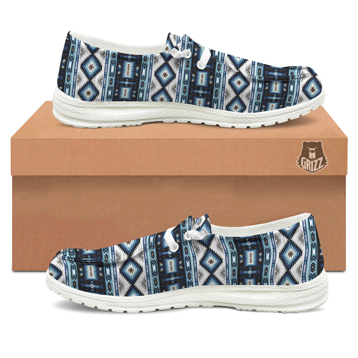 Western Navajo Blue Native Print White Loafers-grizzshop