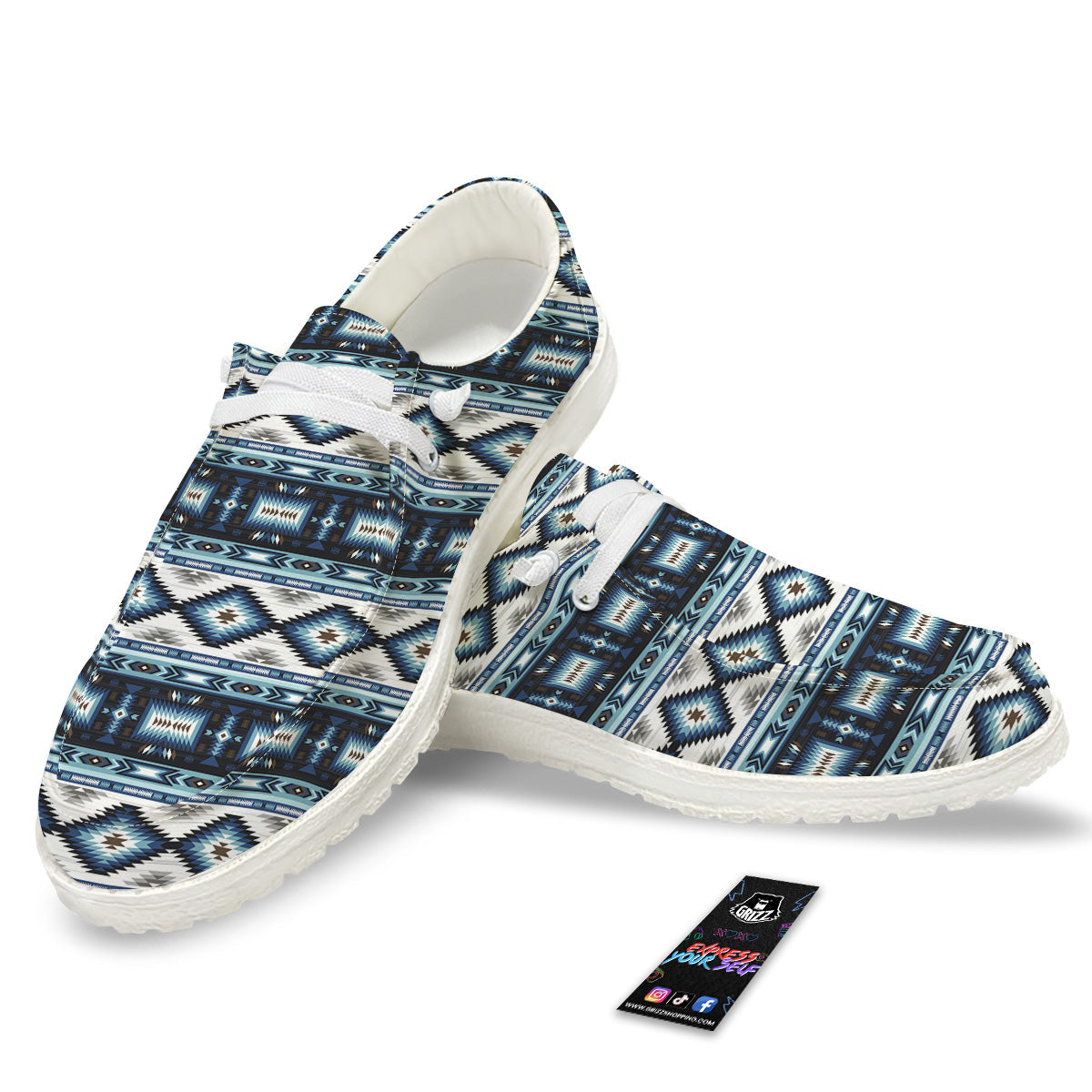 Western Navajo Blue Native Print White Loafers-grizzshop