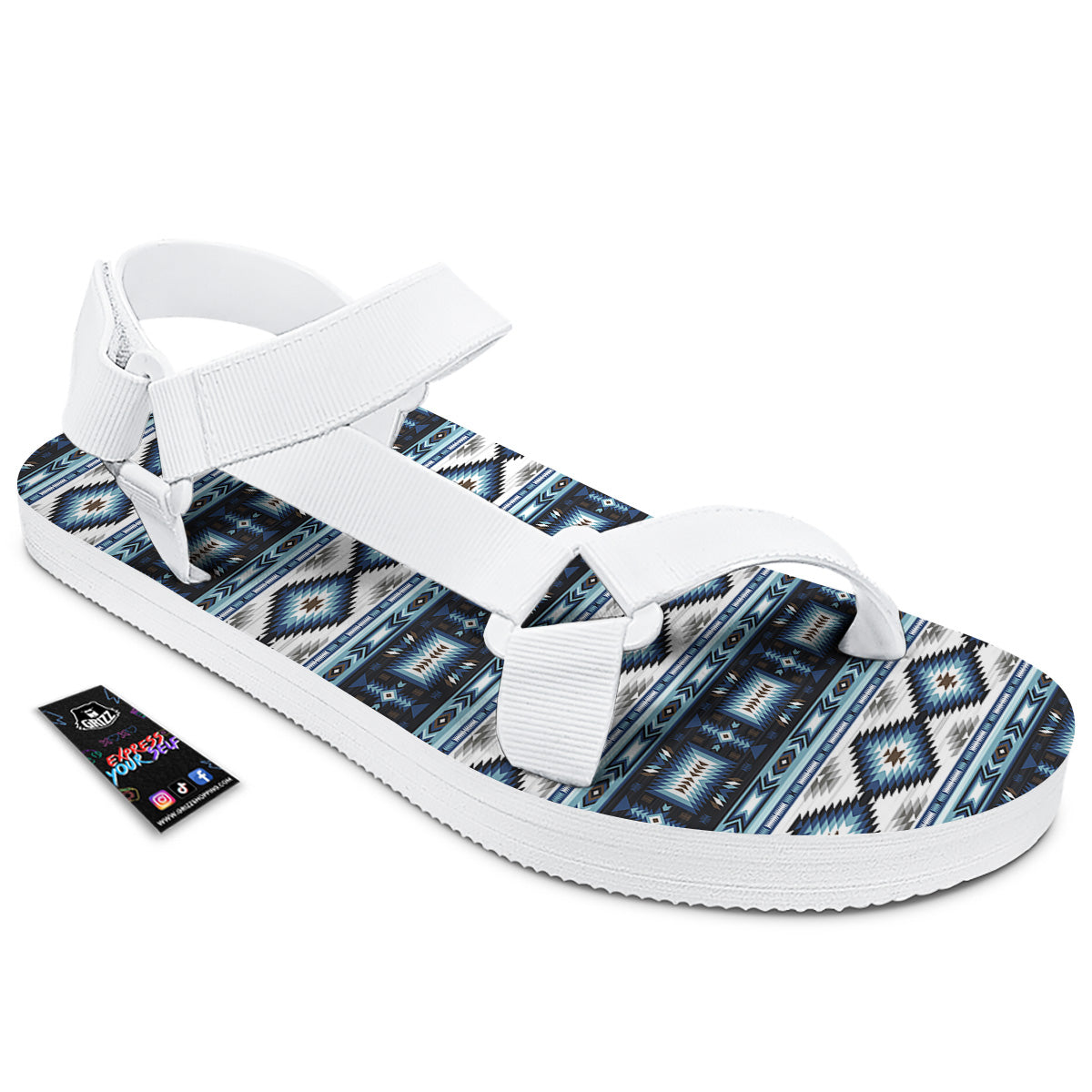 Western Navajo Blue Native Print White Open Toe Sandals-grizzshop