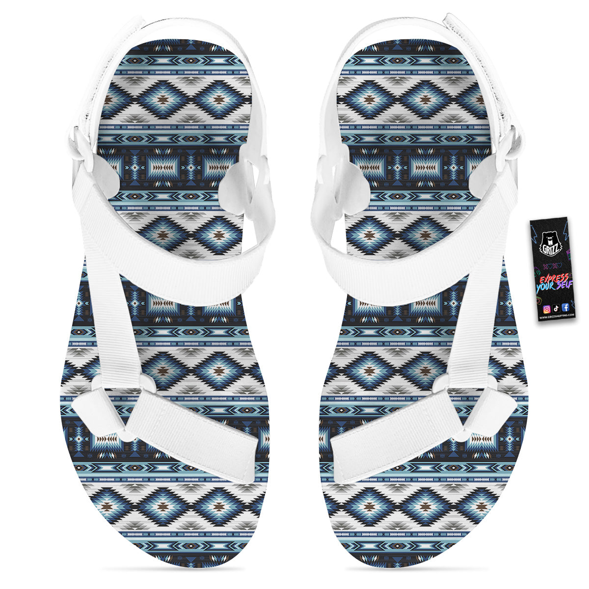 Western Navajo Blue Native Print White Open Toe Sandals-grizzshop